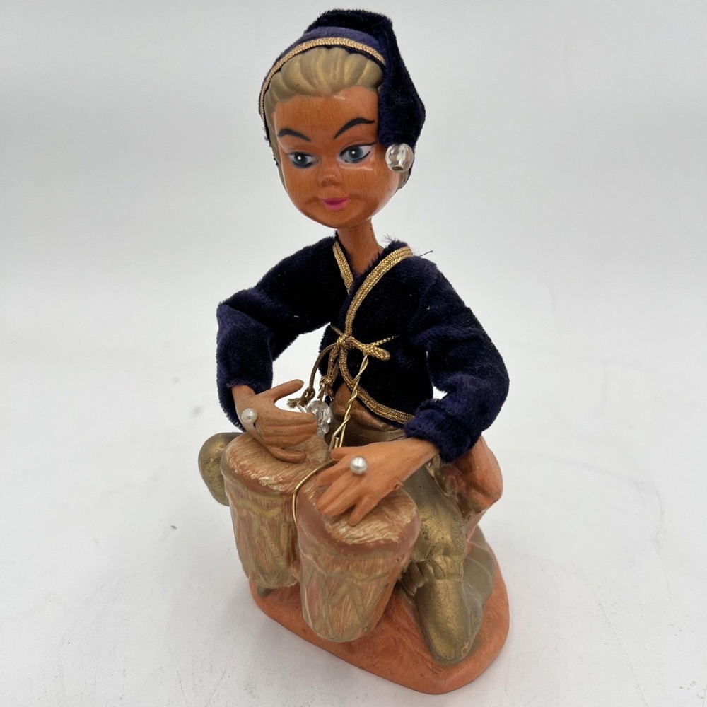 Vintage Mid Century Pixie Elf Figurine Bongos Drum Gold Beaded Retro Fab 1960s